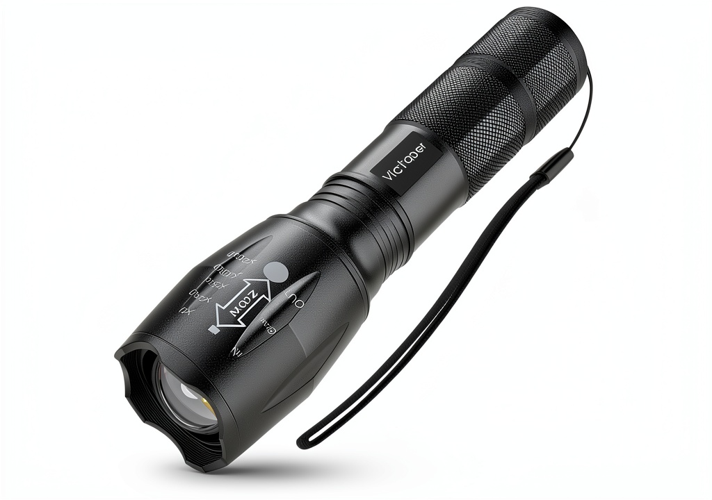 Victoper Tactical Flashlight being tested on a campsite tabletop with AAA batteries and a protective case nearby