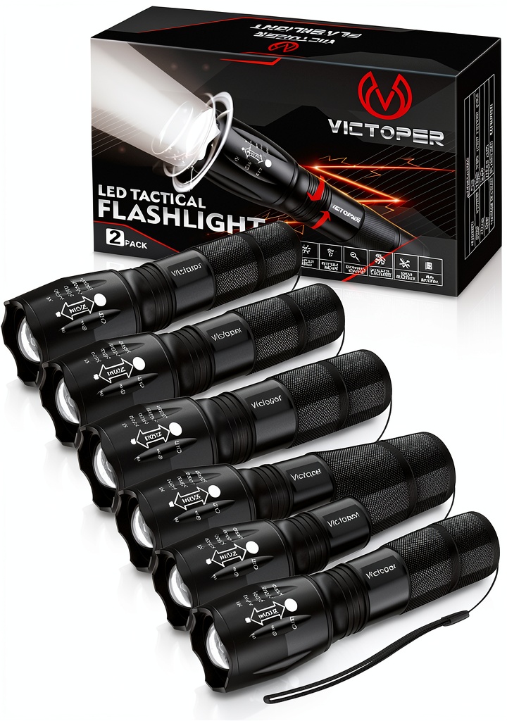 Installing Victoper Tactical Flashlight 6‑Pack Black LED Adjustable Focus on a wooden desk