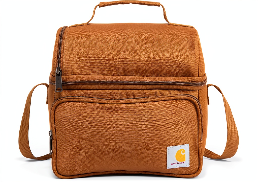 Installing Carhartt Insulated Lunch Box Brown 8L Soft Cooler with Strap on a wooden desk